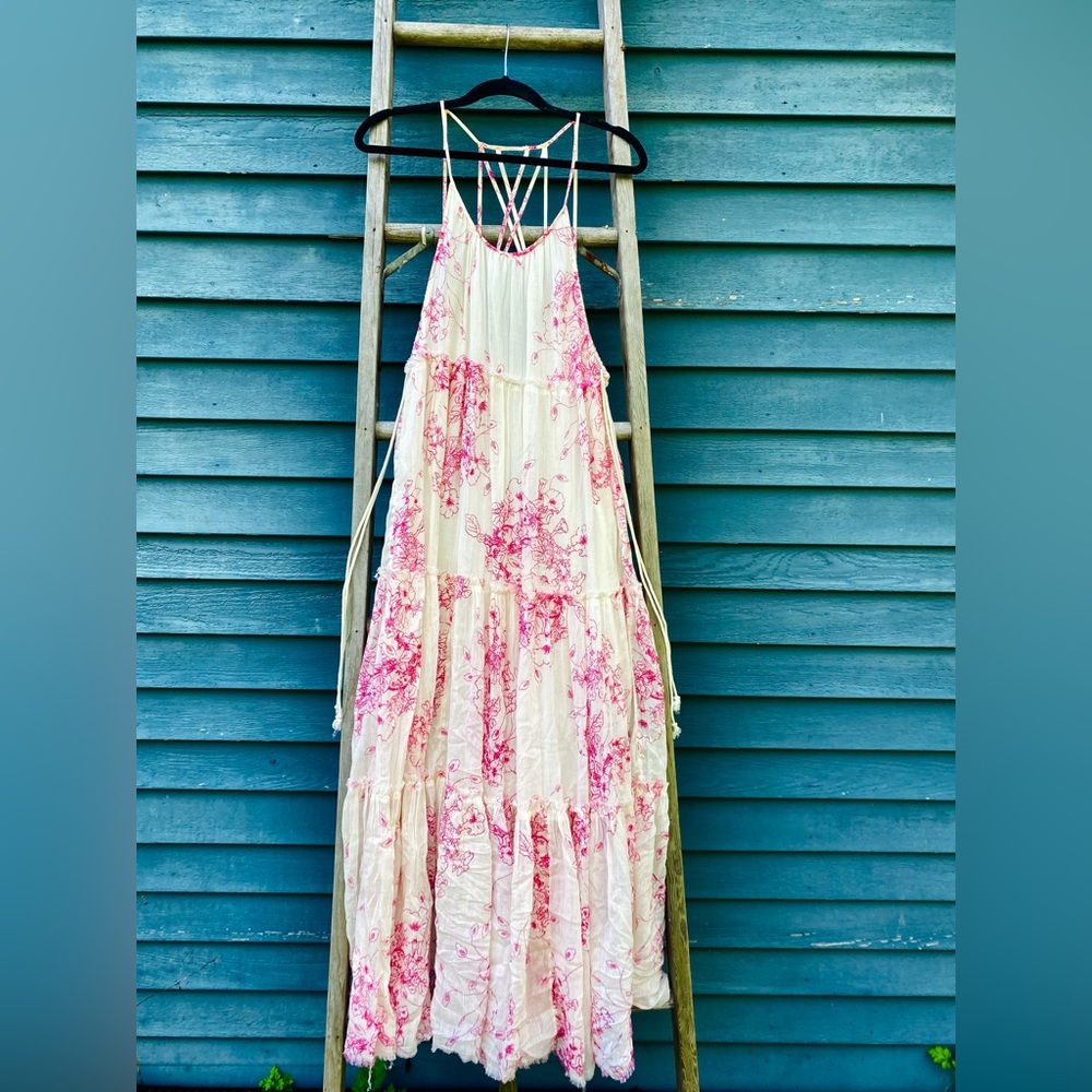 Free People Strappy Cream Maxi Dress with Pink Floral Print